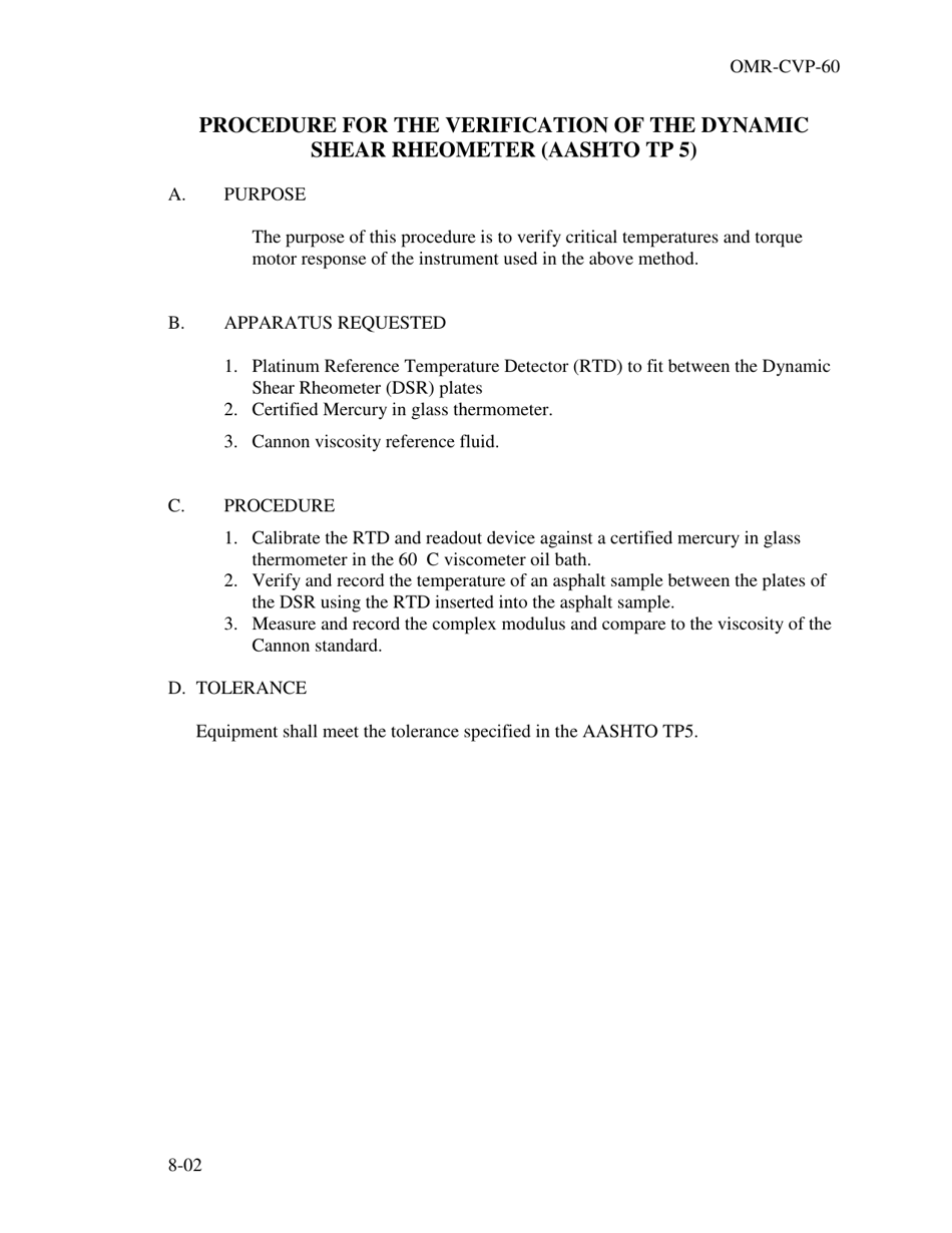Form OMR-CVP-60 Procedure for the Verification of the Dynamic Shear Rheometer (Aashto Tp 5) - Georgia (United States), Page 1
