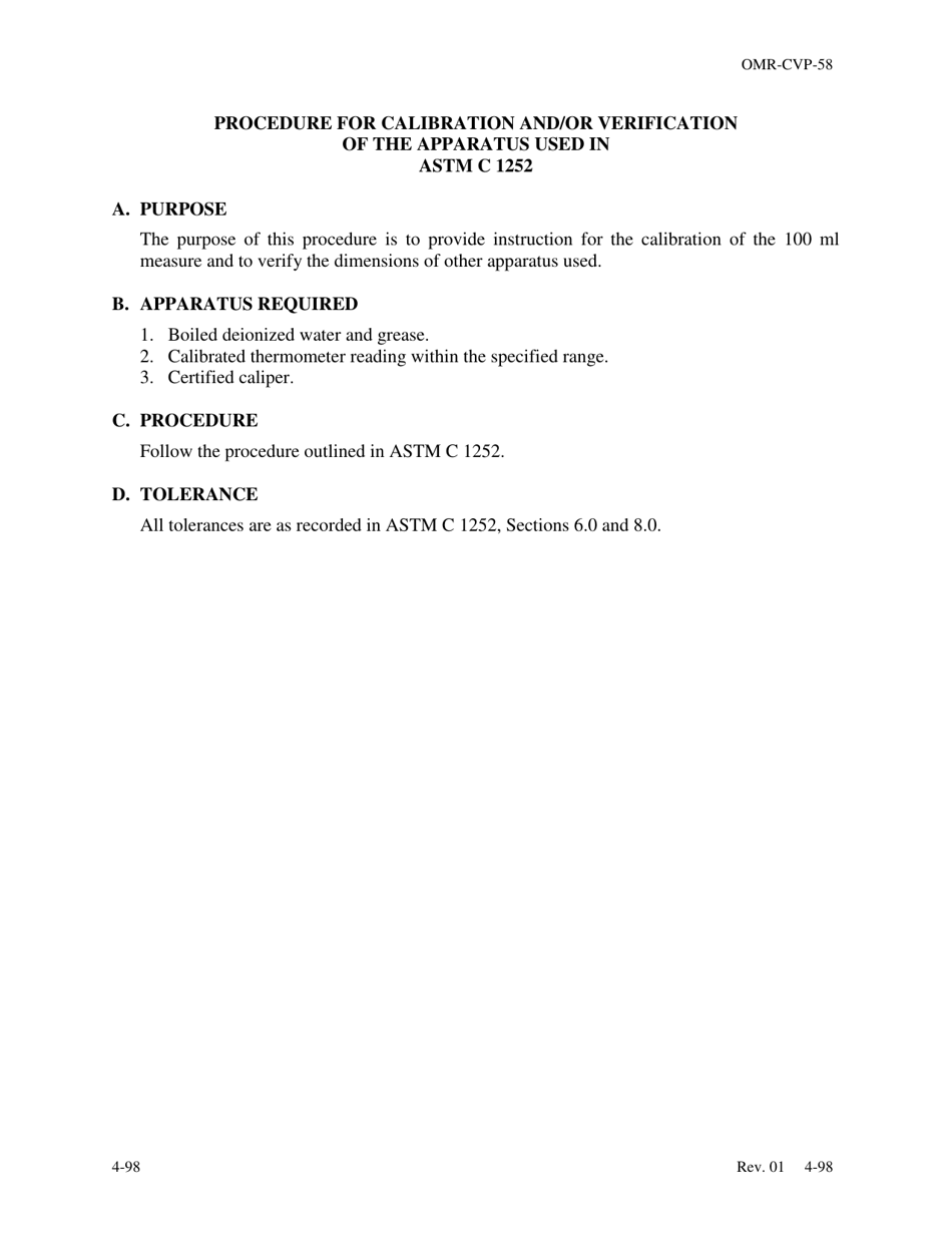 Form OMR-CVP-58 Procedure for Calibration and/or Verification of the Apparatus Used in Astm C 1252 - Georgia (United States), Page 1