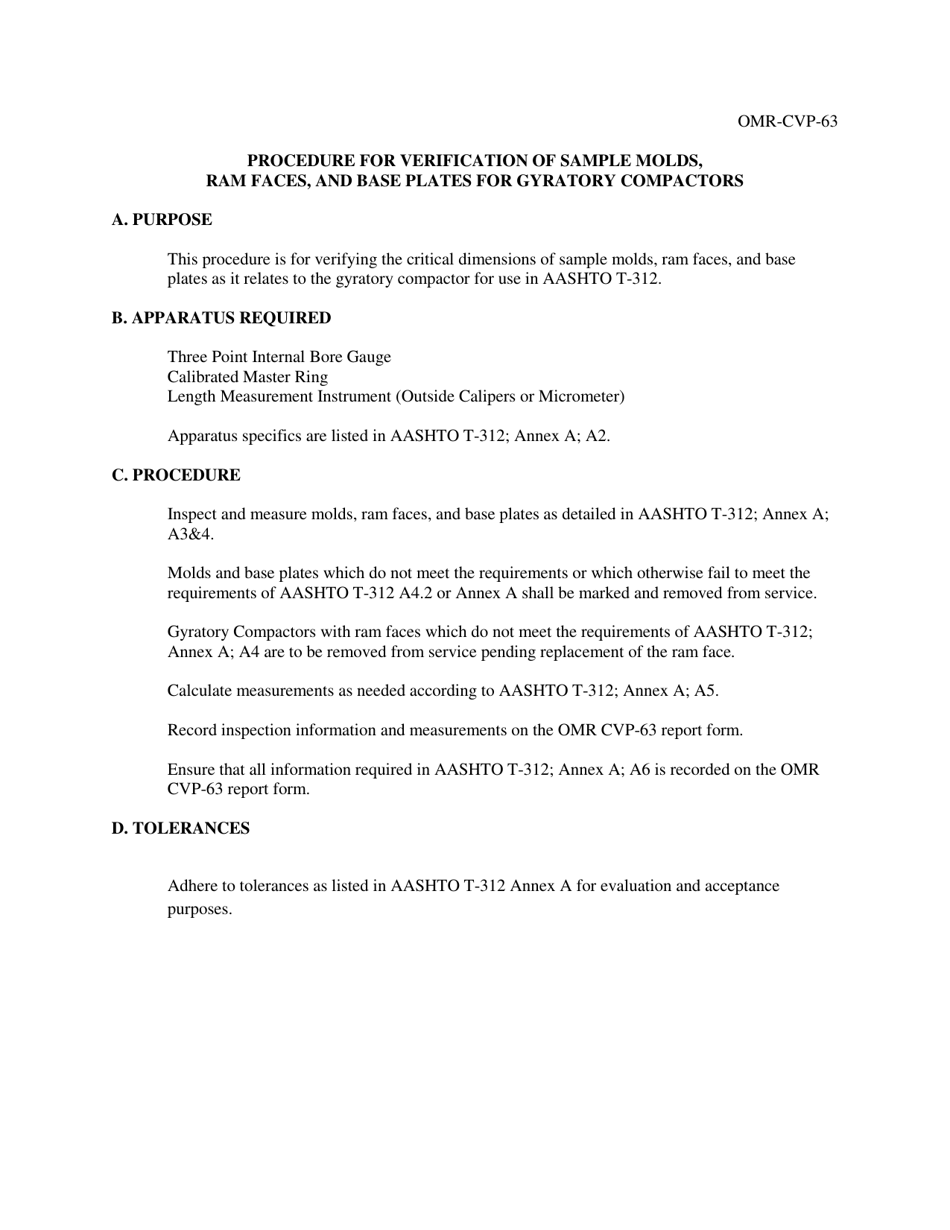 Form OMR-CVP-63 Annex A Procedure for Verification of Sample Molds, Ram Faces, and Base Plates for Gyratory Compactors - Georgia (United States), Page 1
