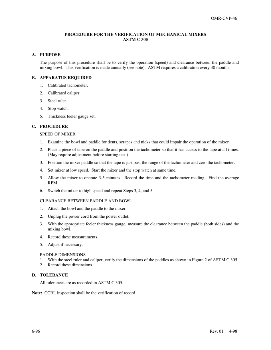 Form OMR-CVP-46 Procedure for the Verification of Mechanical Mixers Astm C 305 - Georgia (United States), Page 1