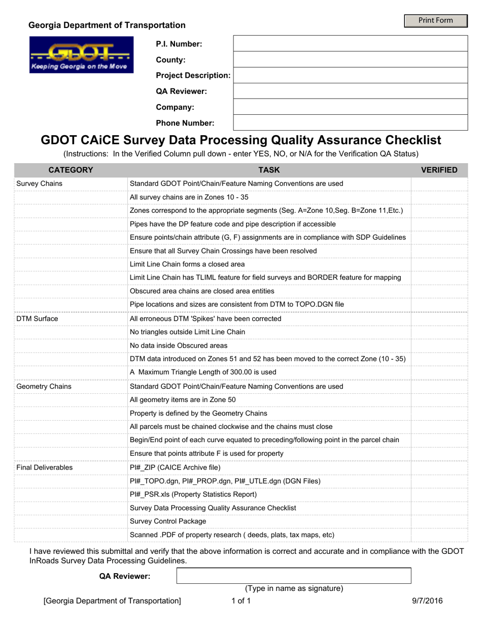 Gdot Caice Survey Data Processing Quality Assurance Checklist - Georgia (United States), Page 1