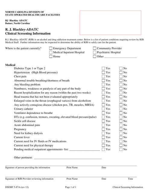 DSOHF Form 5-87A R. J. Blackley-Adatc Clinical Screening Information - North Carolina