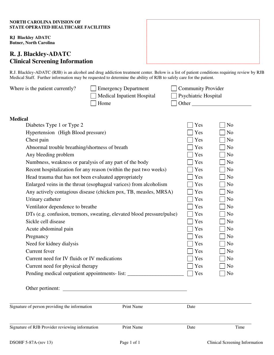 DSOHF Form 5-87A R. J. Blackley-Adatc Clinical Screening Information - North Carolina, Page 1