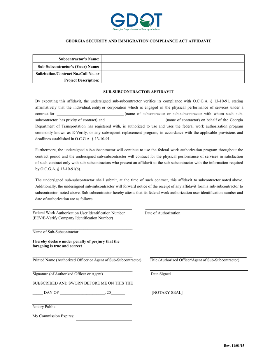 Georgia Security and Immigration Compliance Act Affidavit - Sub-subcontractor - Georgia (United States), Page 1