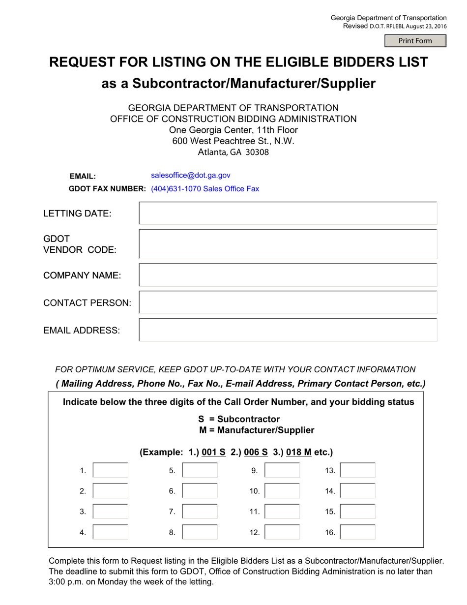 Request for Listing on the Eligible Bidders List as a Subcontractor / Manufacturer / Supplier - Georgia (United States), Page 1