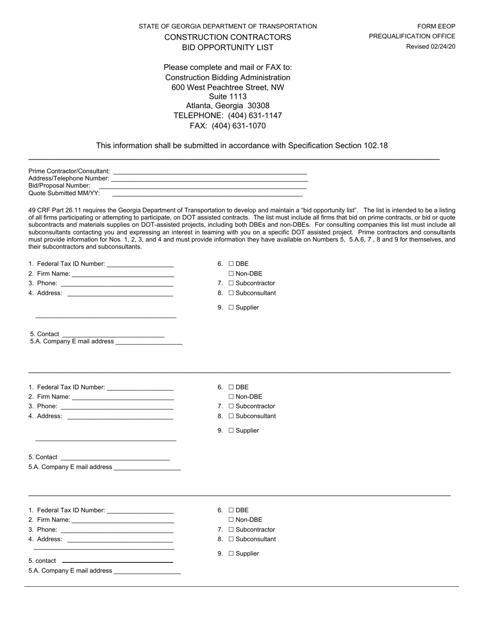 Form EEOP Construction Contractors Bid Opportunity List - Georgia (United States), Page 1