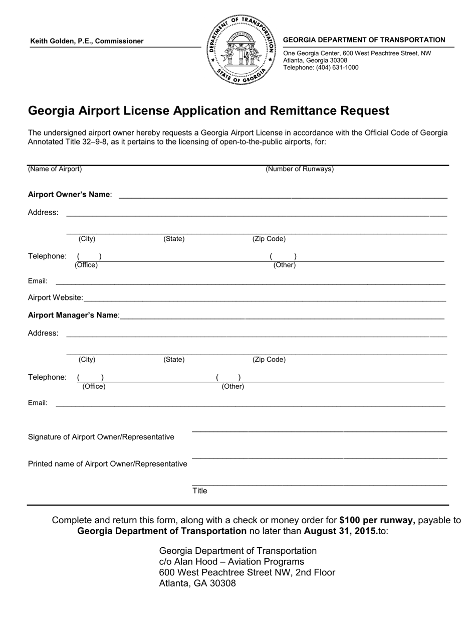 Georgia Airport License Application and Remittance Request - Georgia (United States), Page 1