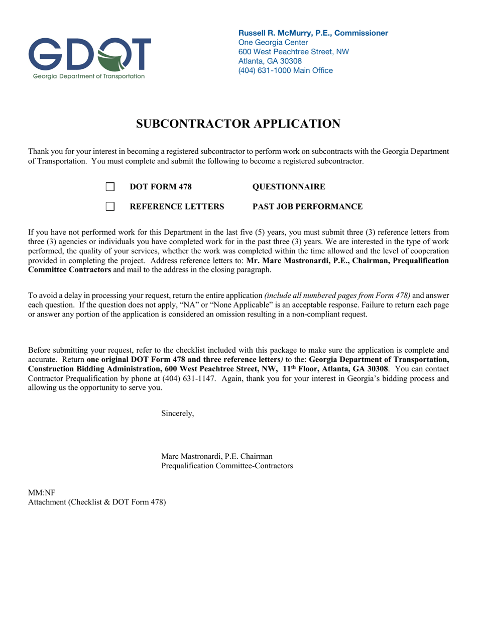 Subcontractor Application Cover Letter  Checklist - Georgia (United States), Page 1