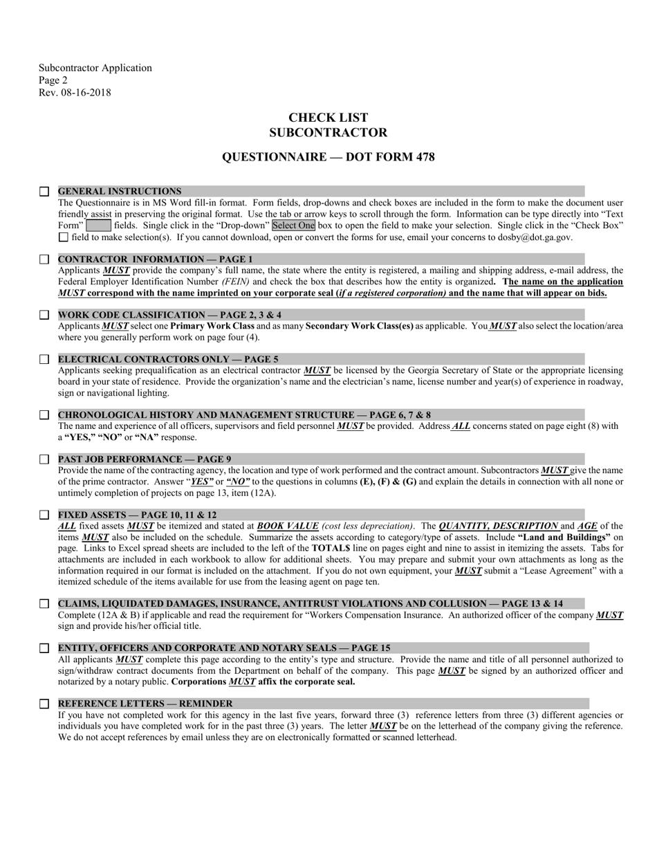 Subcontractor Application Cover Letter  Checklist - Georgia (United States), Page 2