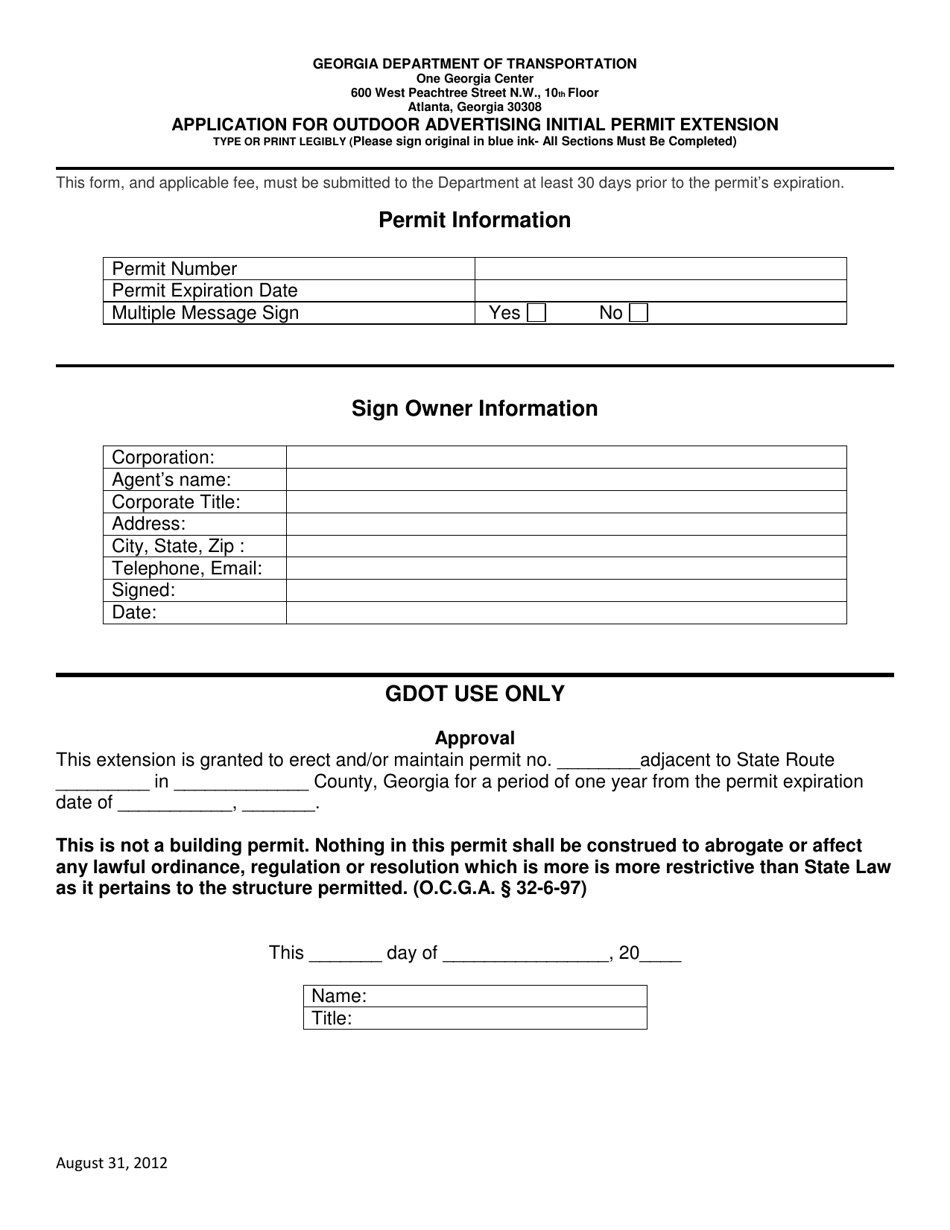 Application for Outdoor Advertising Initial Permit Extension - Georgia (United States), Page 1