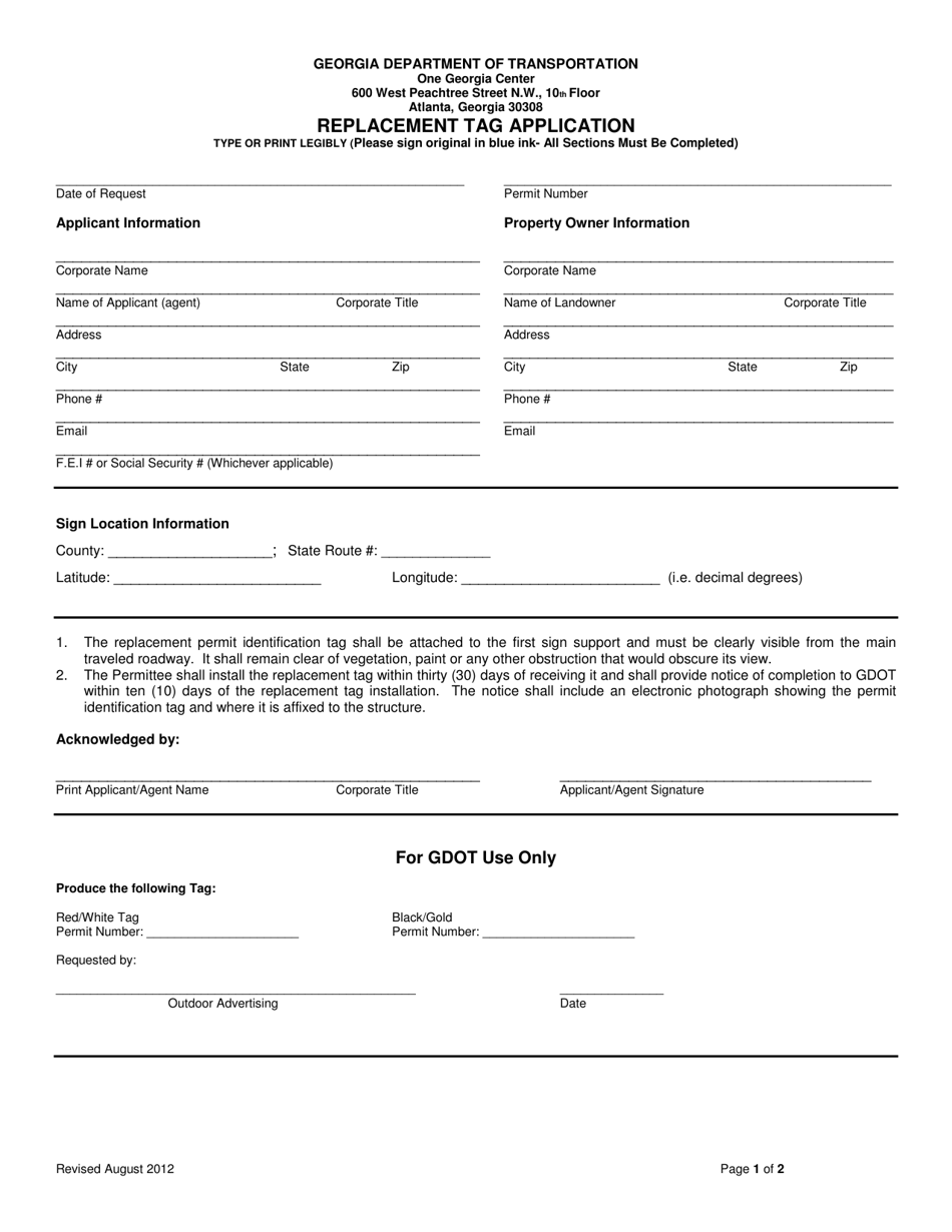 (United States) Replacement Tag Application Fill Out, Sign