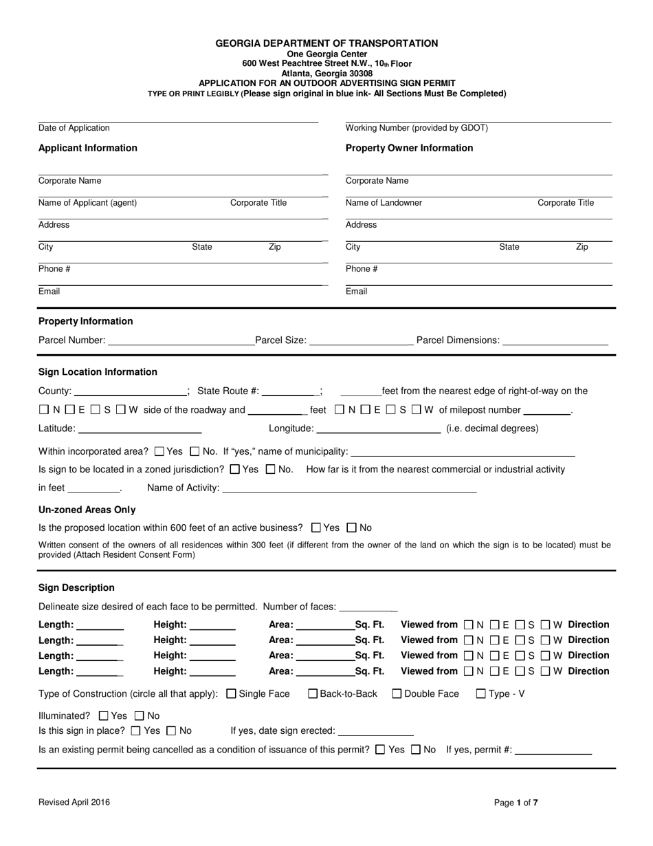 Application for an Outdoor Advertising Sign Permit - Georgia (United States), Page 1