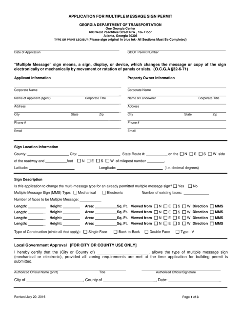 Application for Multiple Message Sign Permit - Georgia (United States) Download Pdf