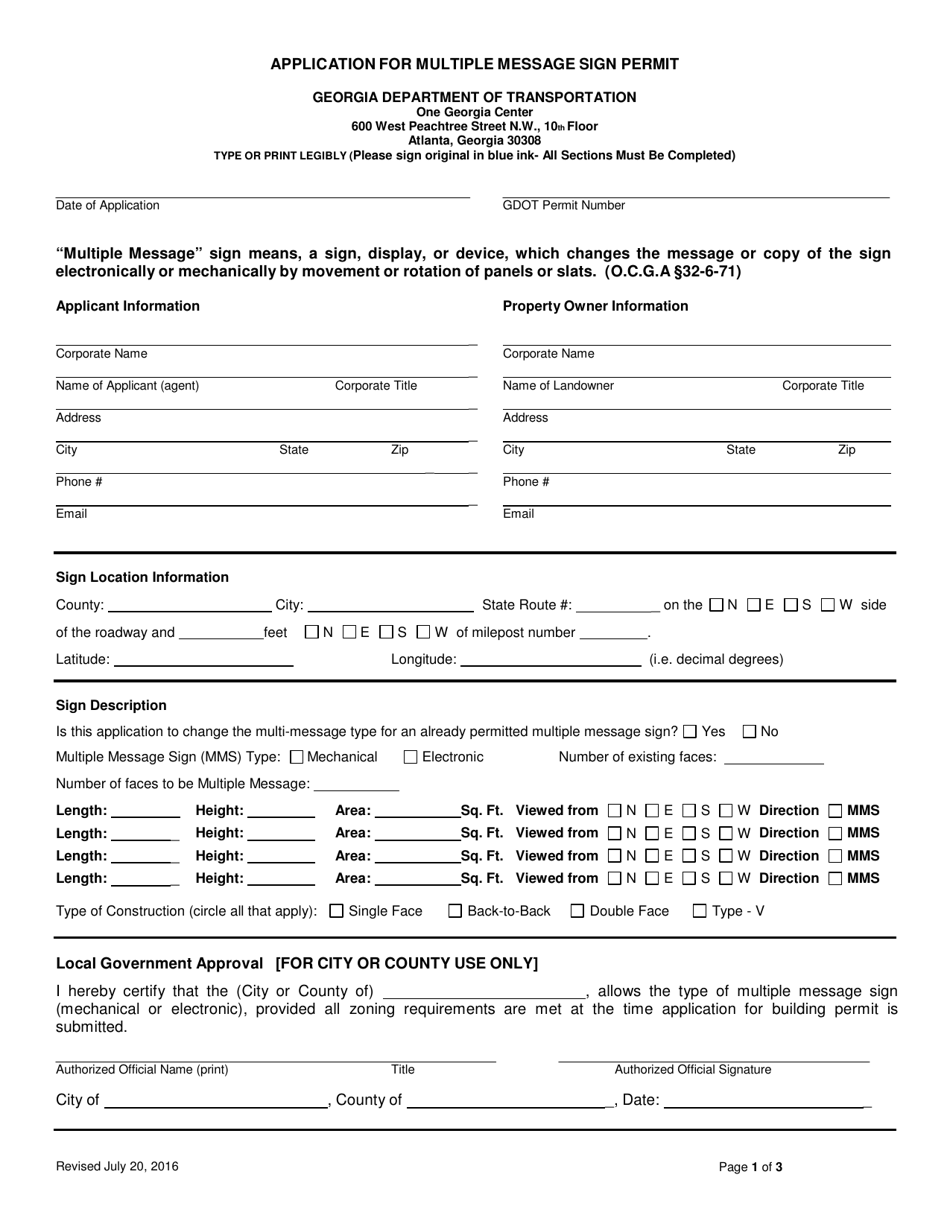 Application for Multiple Message Sign Permit - Georgia (United States), Page 1
