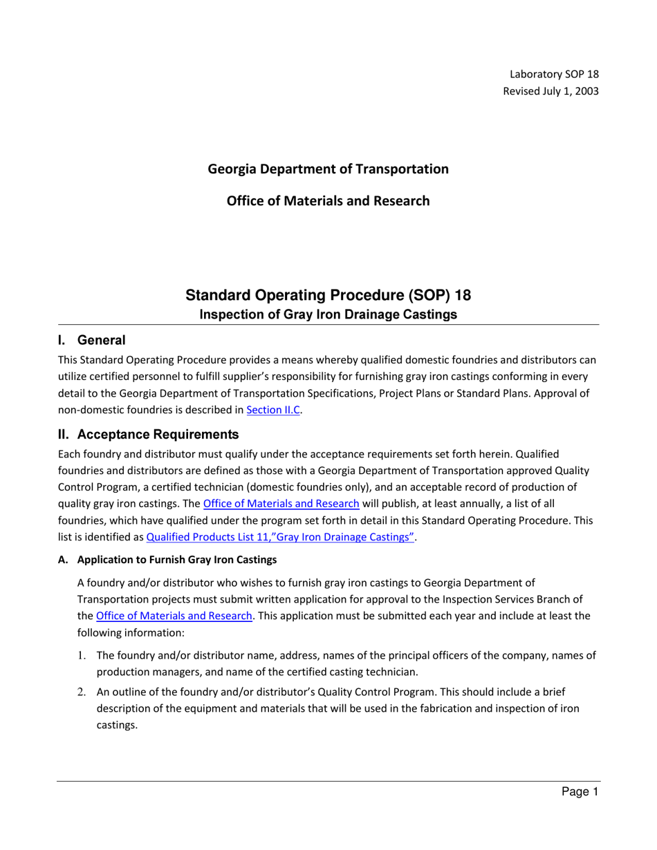 Form SOP18 Inspection of Gray Iron Drainage Castings - Georgia (United States), Page 1