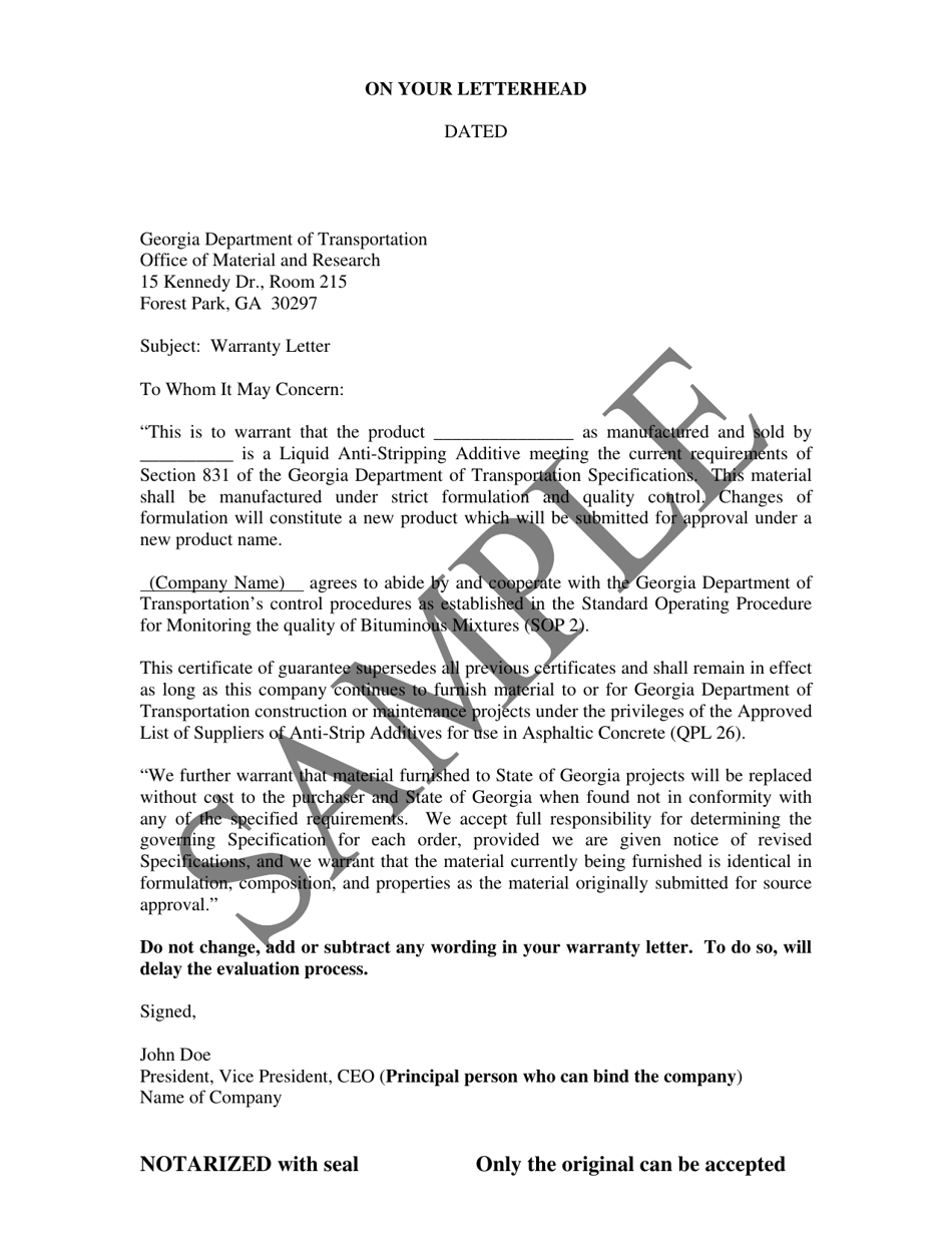 Qpl 26 Warranty Letter - Sample - Georgia (United States), Page 1