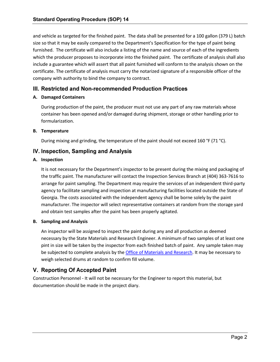 Form SOP14 Inspection of Traffic Paint - Georgia (United States), Page 2