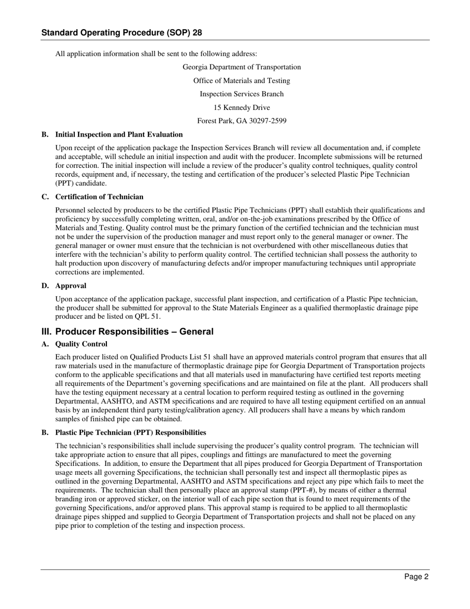 Form SOP28 Inspection of Thermoplastic Drainage Pipe - Georgia (United States), Page 2