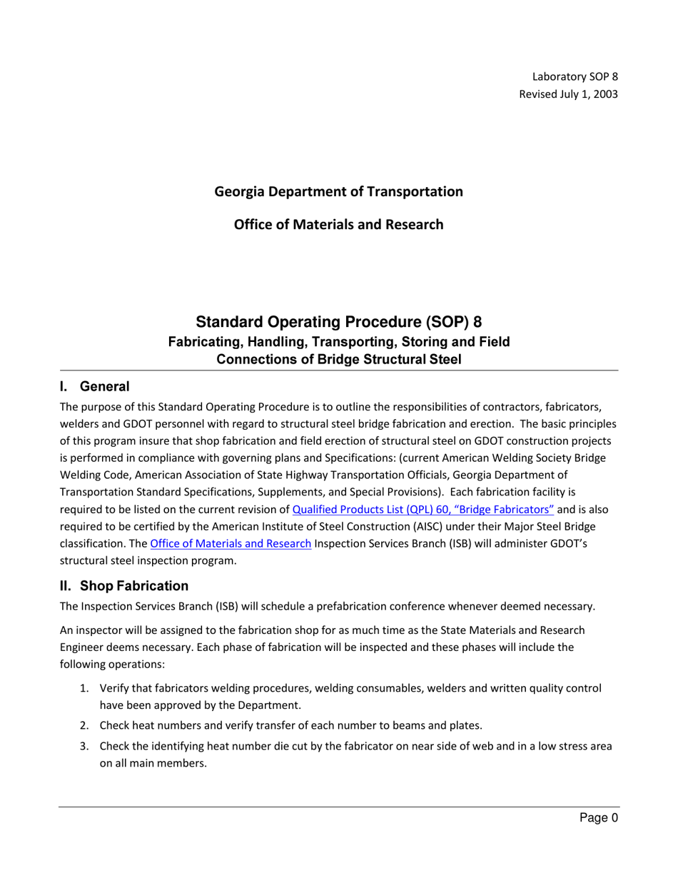 Form SOP8 Fabricating, Handling, Transporting, Storing and Field Connections of Bridge Structural Steel - Georgia (United States), Page 1