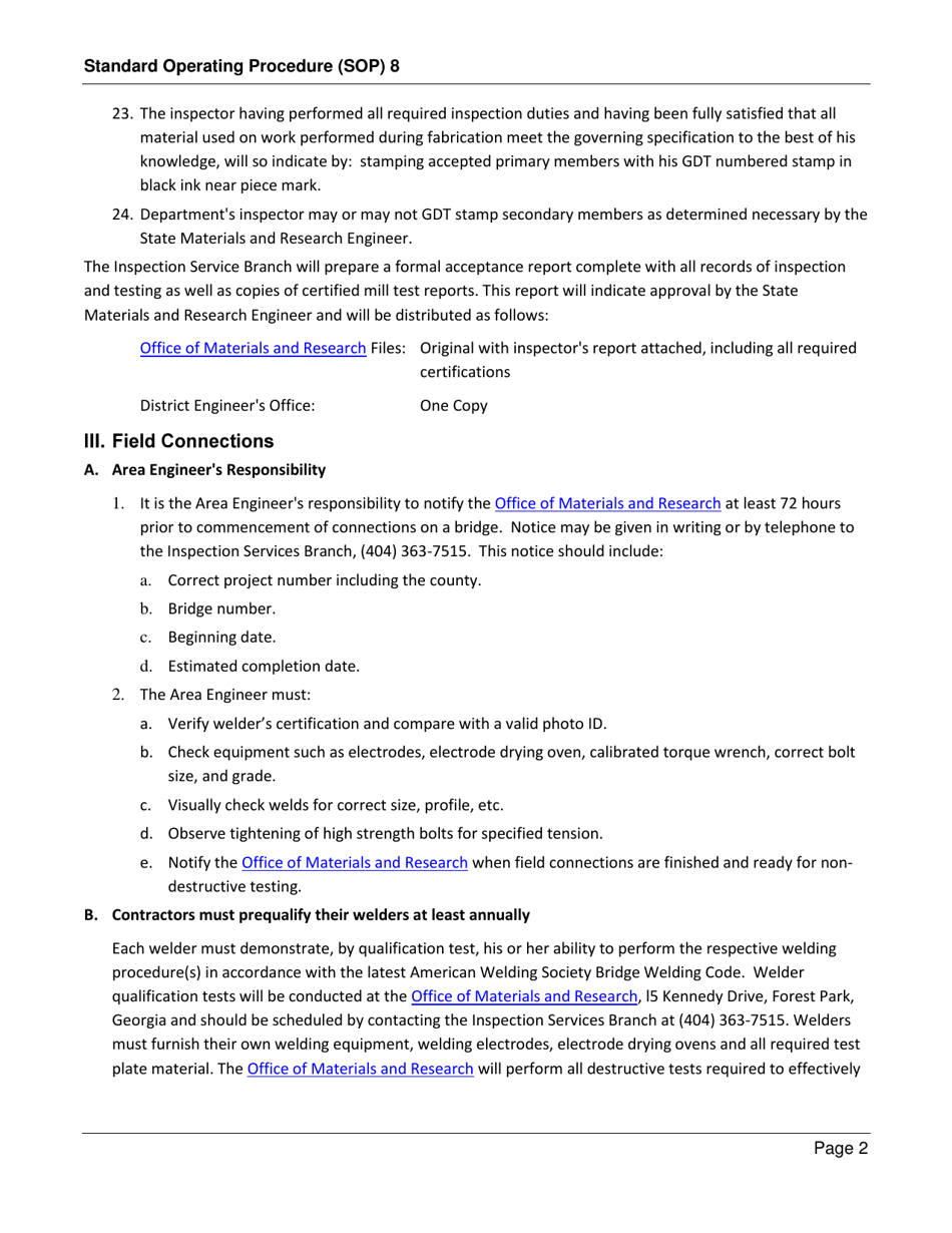Form SOP8 Fabricating, Handling, Transporting, Storing and Field Connections of Bridge Structural Steel - Georgia (United States), Page 3