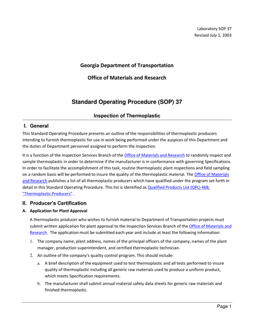 Form SOP37 Inspection of Thermoplastic - Georgia (United States)