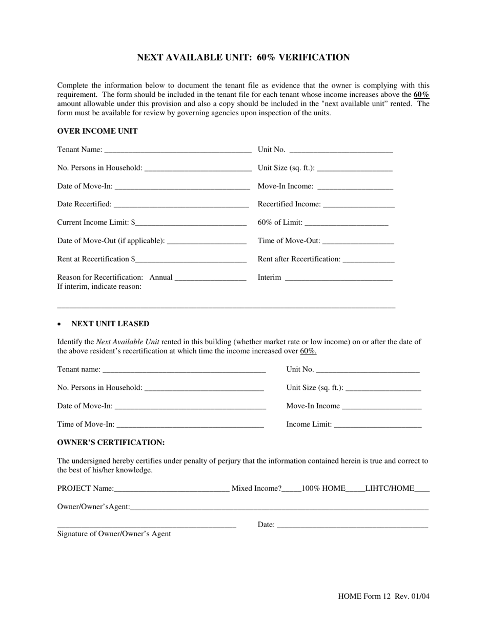 HOME Form 12 Next Available Unit: 60% Verification - Georgia (United States), Page 1