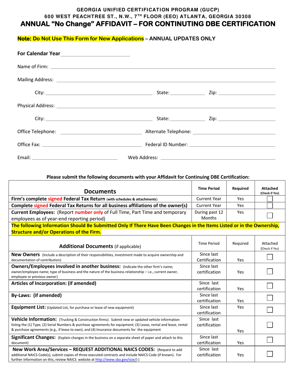 Annual No Change Affidavit - for Continuting Dbe Certification - Georgia (United States), Page 1