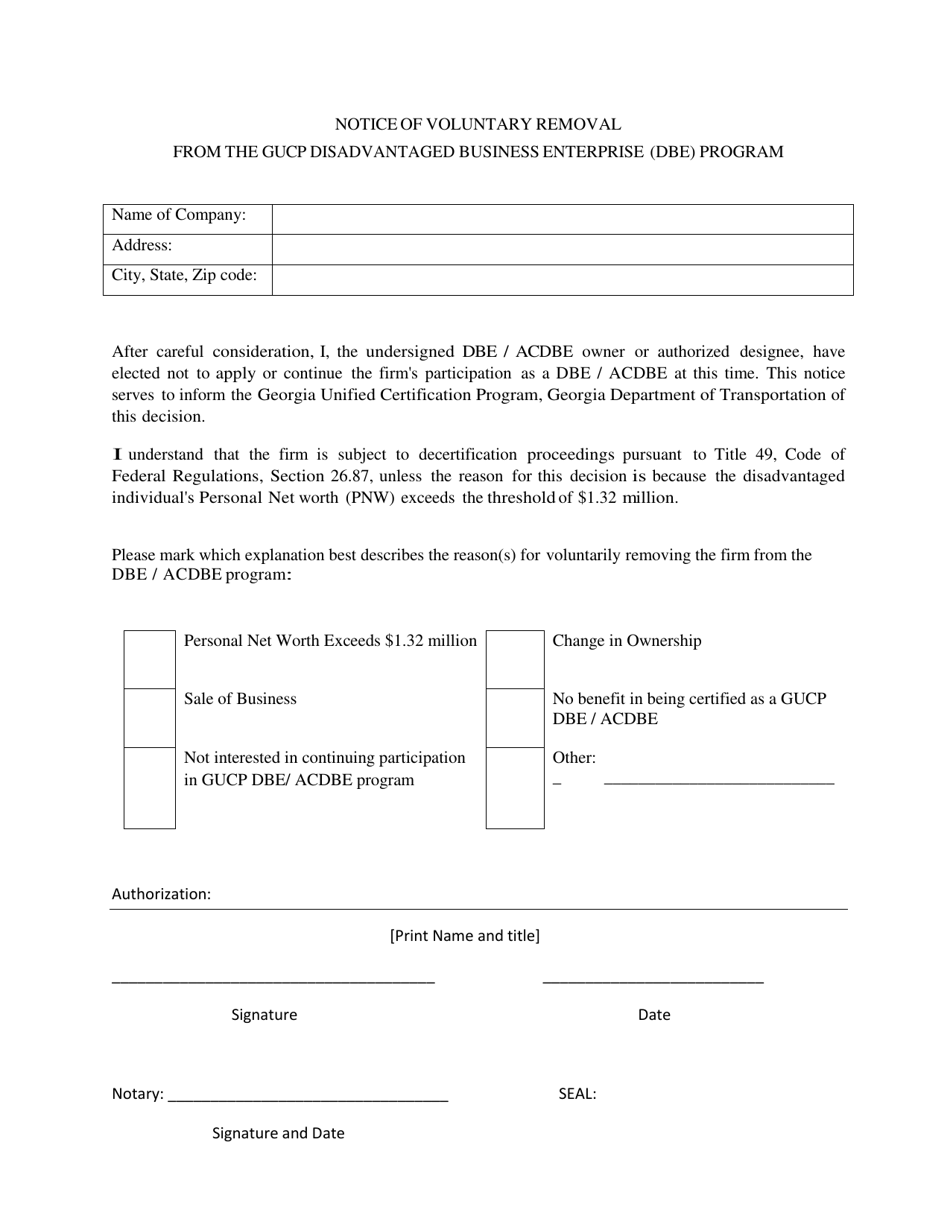 Notice of Voluntary Removal From the Gucp Disadvantaged Business Enterprise (Dbe) Program - Georgia (United States), Page 1