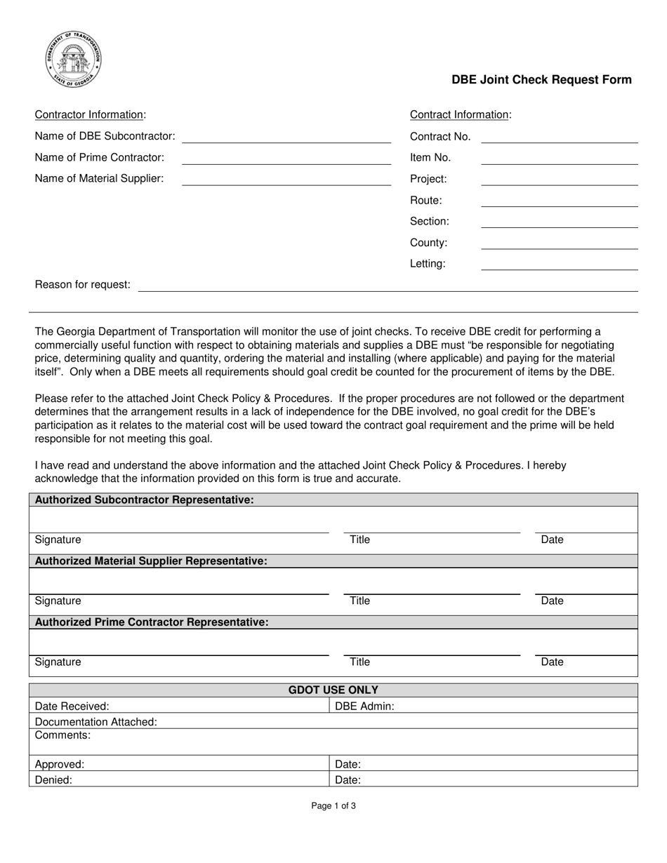 (United States) Dbe Joint Check Request Form Fill Out, Sign