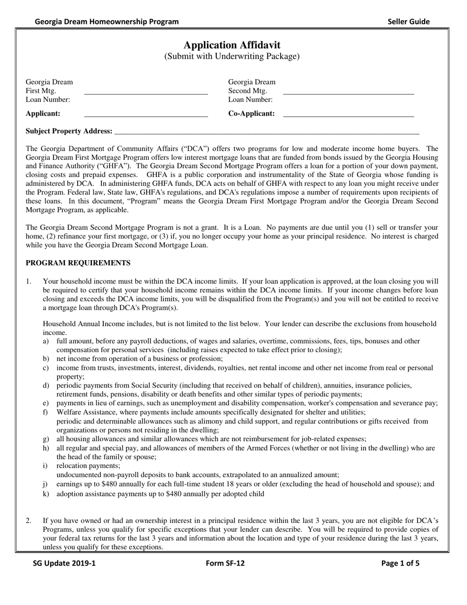 Form SF-12 Application Affidavit - Georgia Dream Homeownership Program - Georgia (United States), Page 1