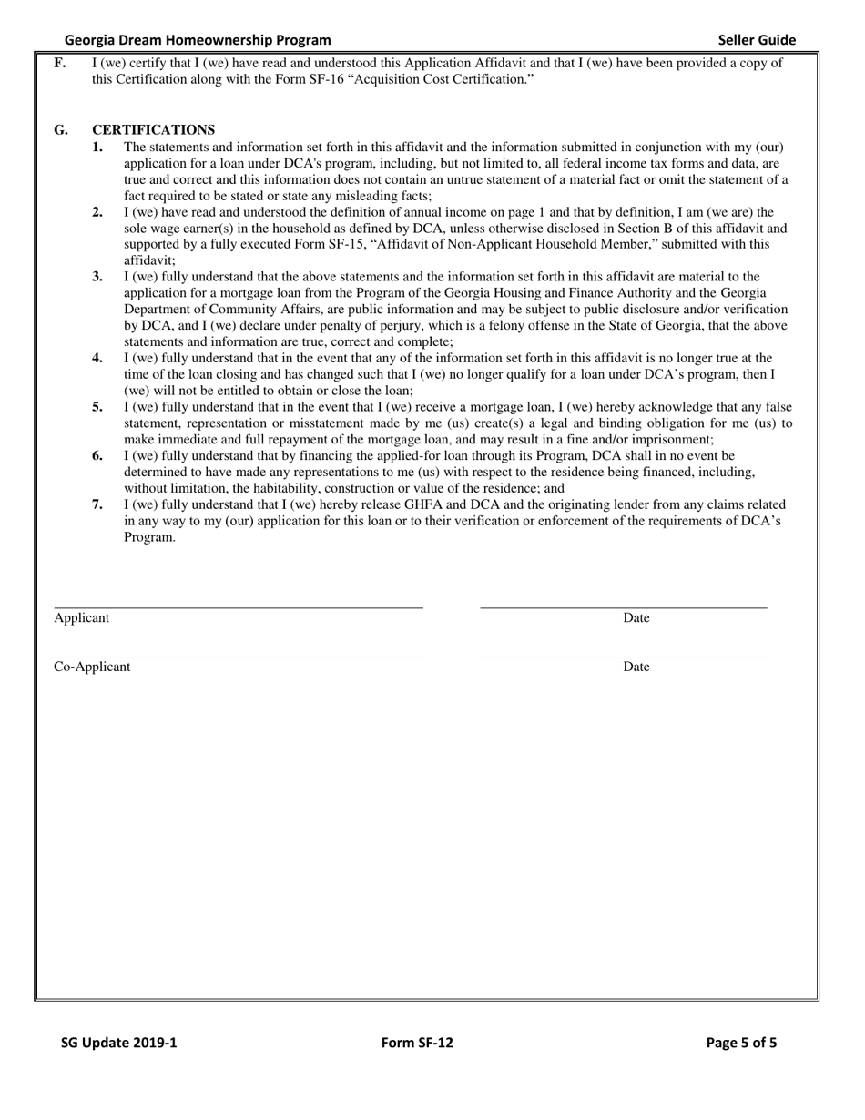 Form SF-12 Application Affidavit - Georgia Dream Homeownership Program - Georgia (United States), Page 5