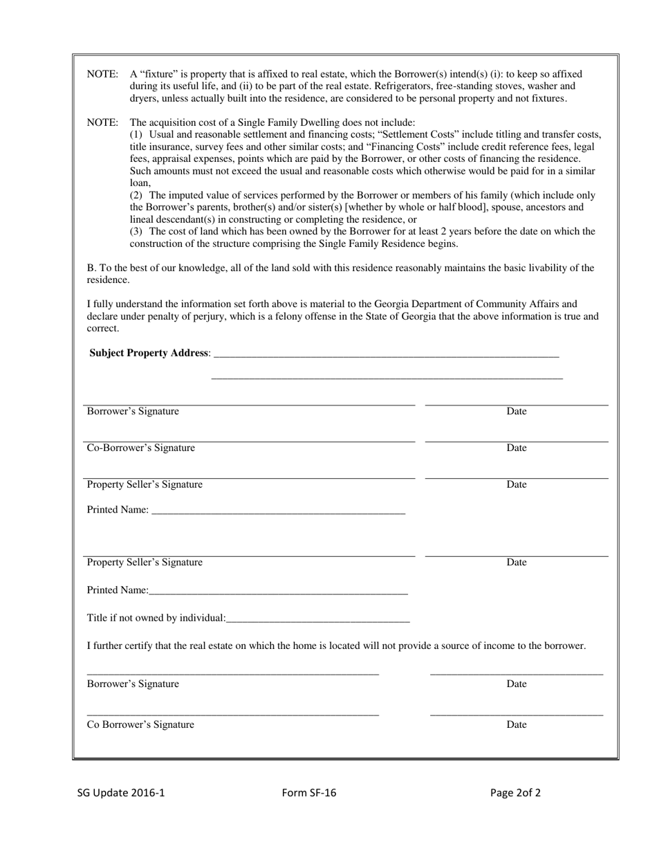 Form SF-16 Acquisition Cost Certification - Georgia Dream Homeownership Program - Georgia (United States), Page 2