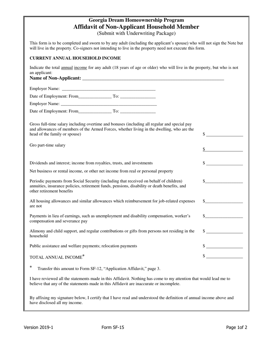 Form SF-15 Affidavit of Non-applicant Household Member - Georgia Dream Homeownership Program - Georgia (United States), Page 1