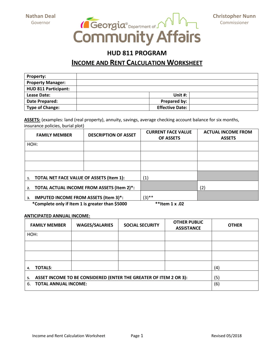Income and Rent Calculation Worksheet - Hud 811 Program - Georgia (United States), Page 1