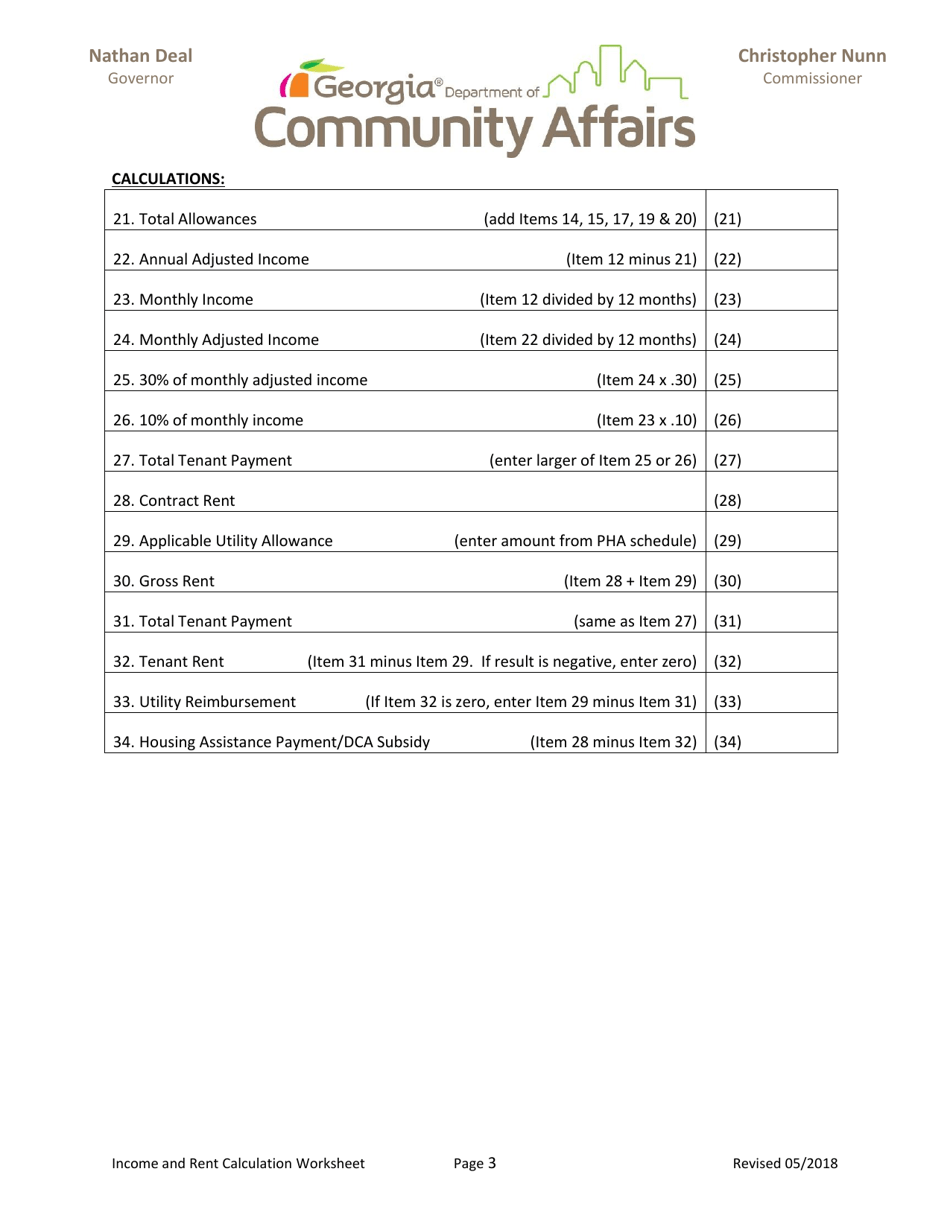 Georgia (United States) Income and Rent Calculation Worksheet Hud 811