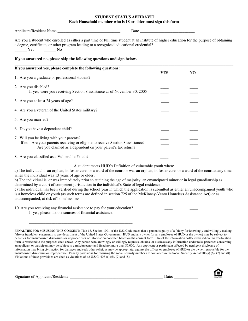 Student Status Affidavit - Georgia (United States), Page 1