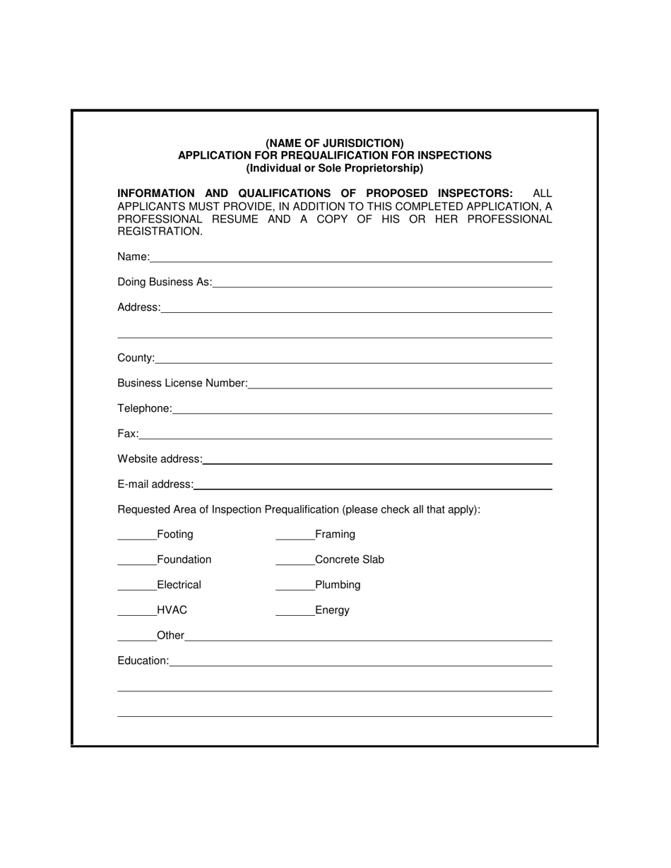 Application for Prequalification for Inspections (Individual or Sole Proprietorship) - Georgia (United States), Page 1