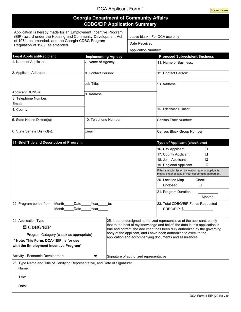 DCA Form 1 EIP Application Summary - Georgia Cdbg / Employment Incentive Program - Georgia (United States), Page 1