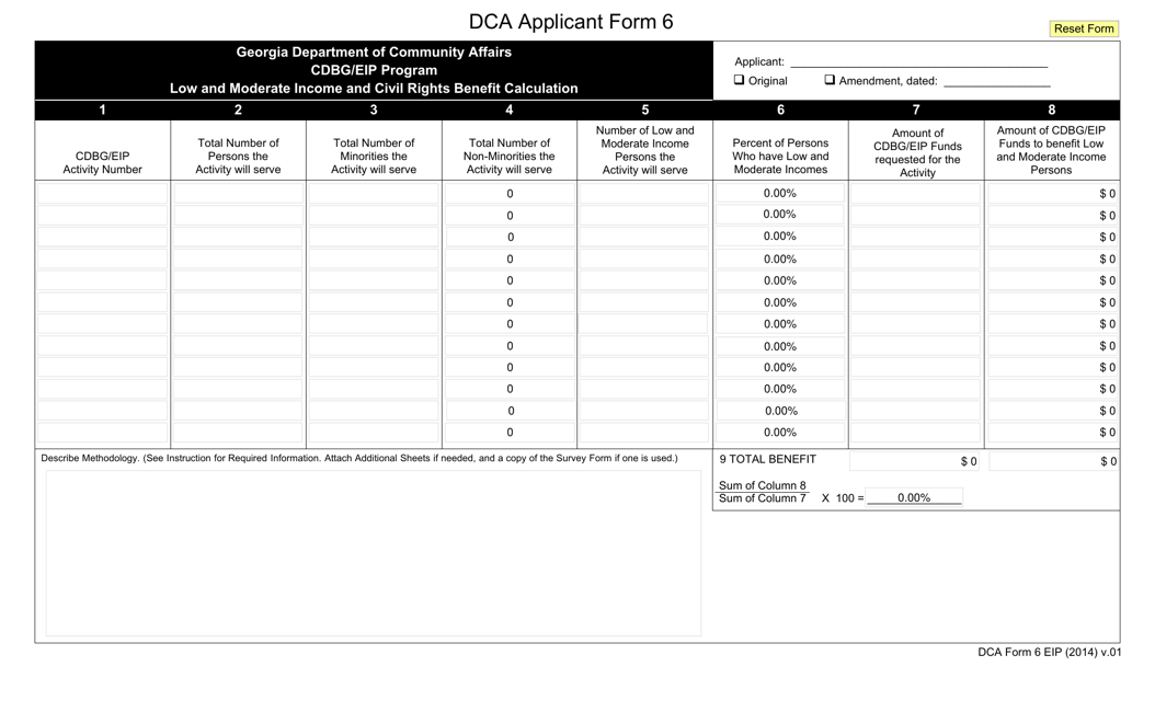 DCA Form 6 EIP Low and Moderate Income and Civil Rights Benefit Calculation - Cdbg/Eip Program - Georgia (United States)