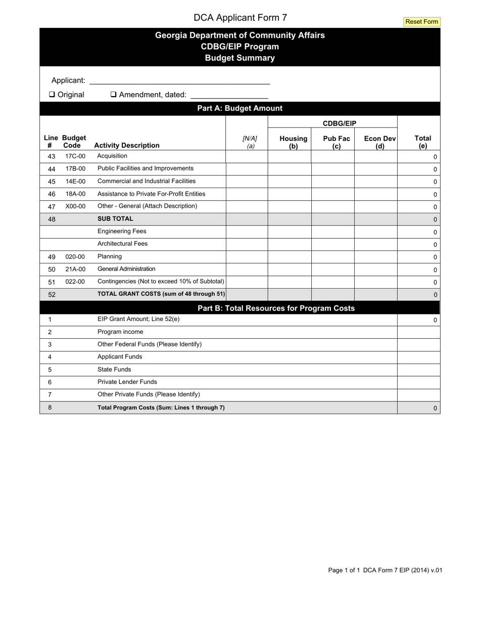 DCA Form 7 EIP Budget Summary - Cdbg / Eip Program - Georgia (United States), Page 1