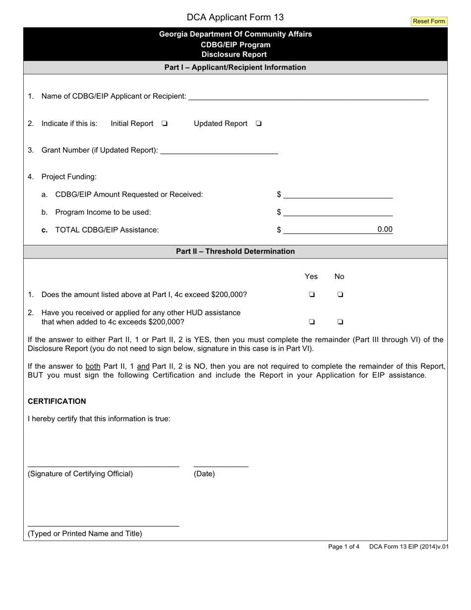 DCA Form 13 EIP Disclosure Report - Cdbg / Eip Program - Georgia (United States), Page 1