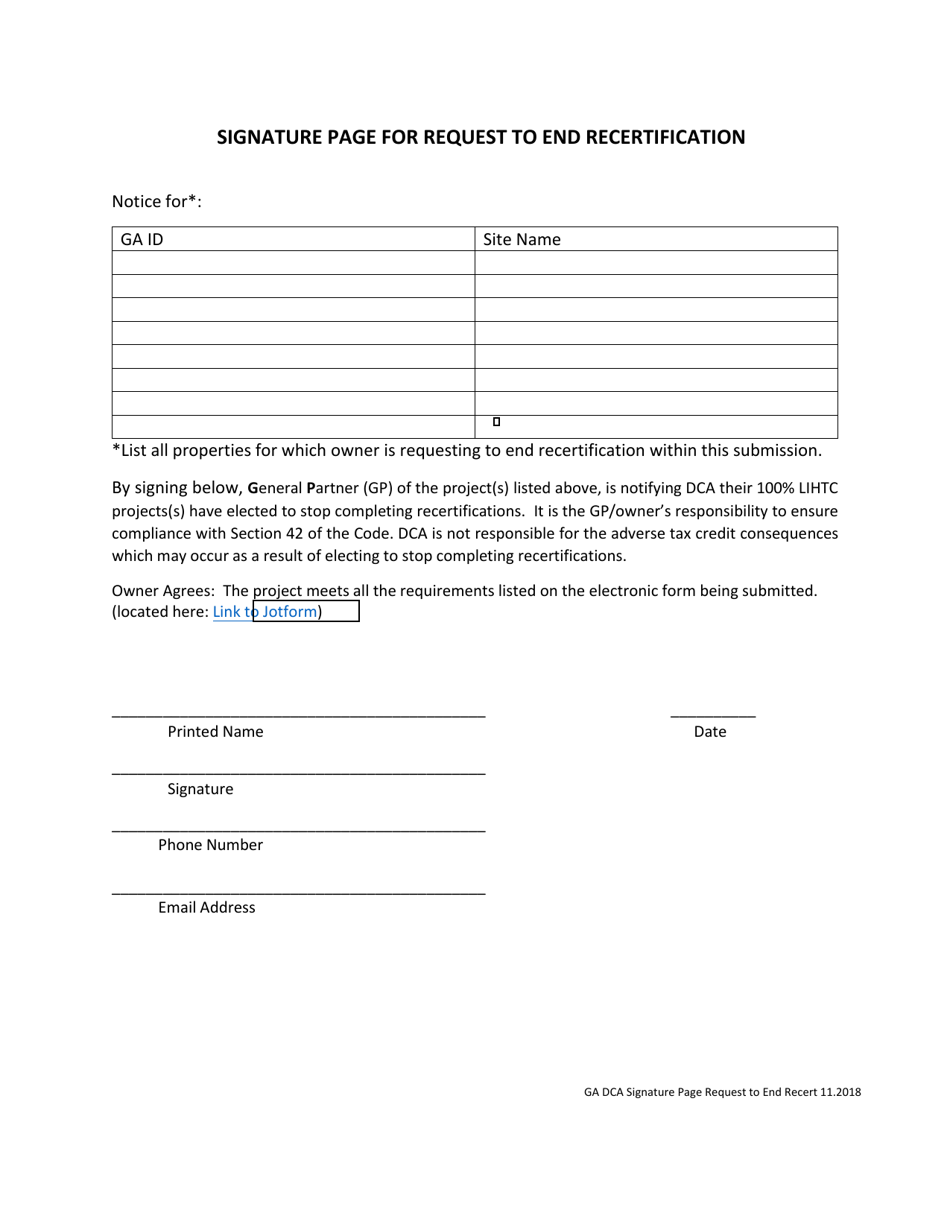 Signature Page for Request to End Recertification - Georgia (United States), Page 1