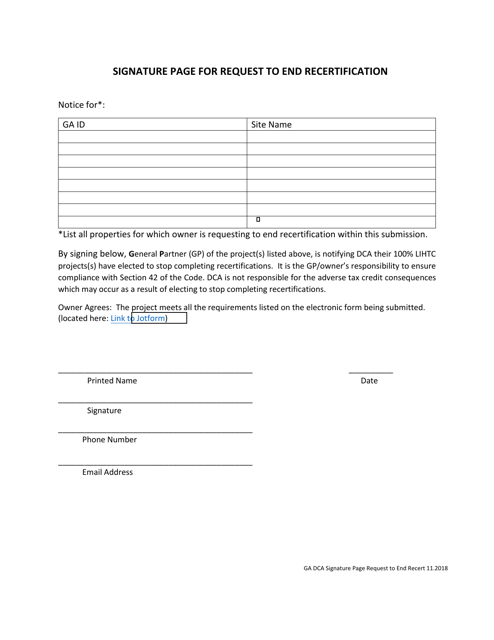 Signature Page for Request to End Recertification - Georgia (United States) Download Pdf