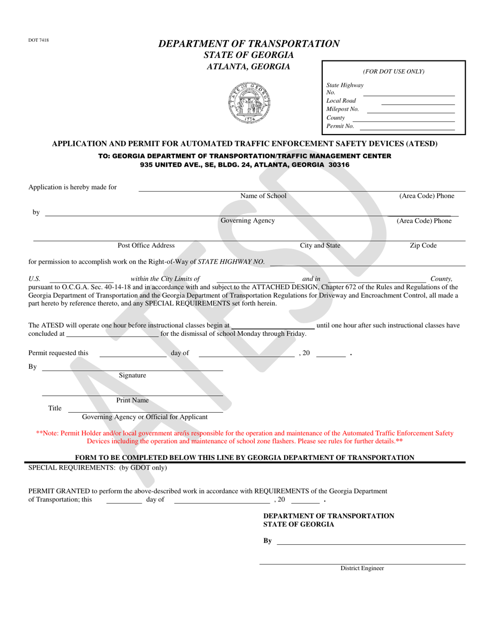 Form DOT7418 Application and Permit for Automated Traffic Enforcement Safety Devices (Atesd) - Georgia (United States), Page 1