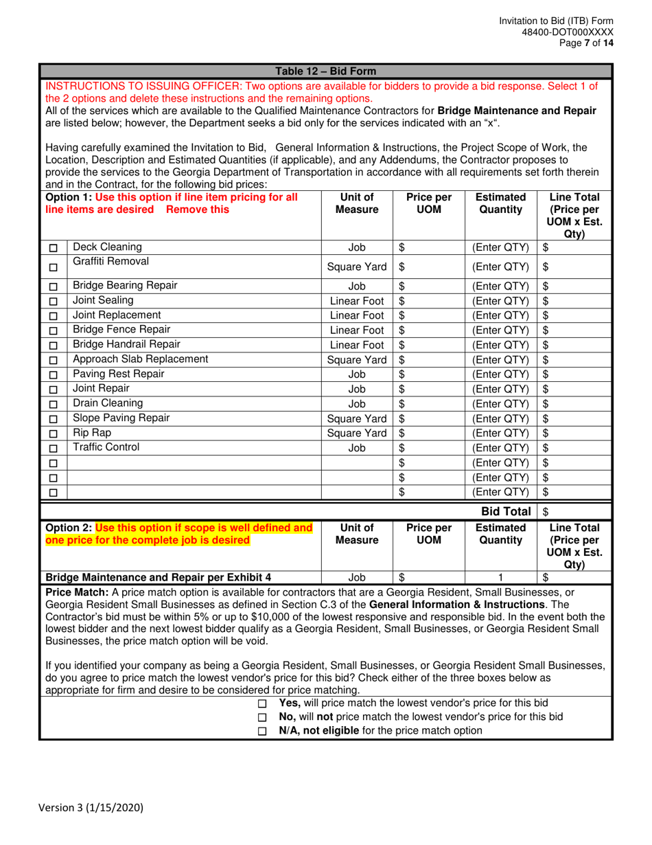 Invitation to Bid (Itb) Bid Form - Bridge Maintenance and Repair - District - Georgia (United States), Page 7