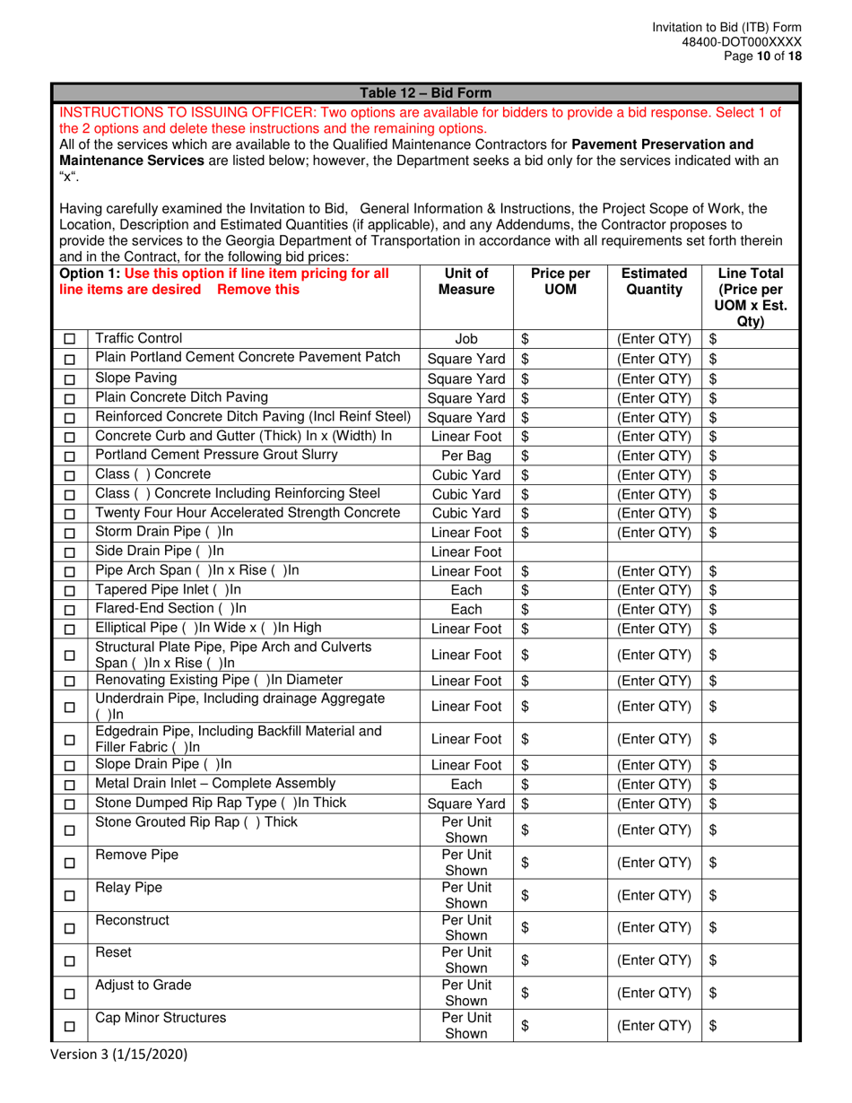 Invitation to Bid (Itb) Bid Form - Drainage Rehabilitation, Repair, Replacement,  Miscellaneous Maintenance Services - District - Georgia (United States), Page 10