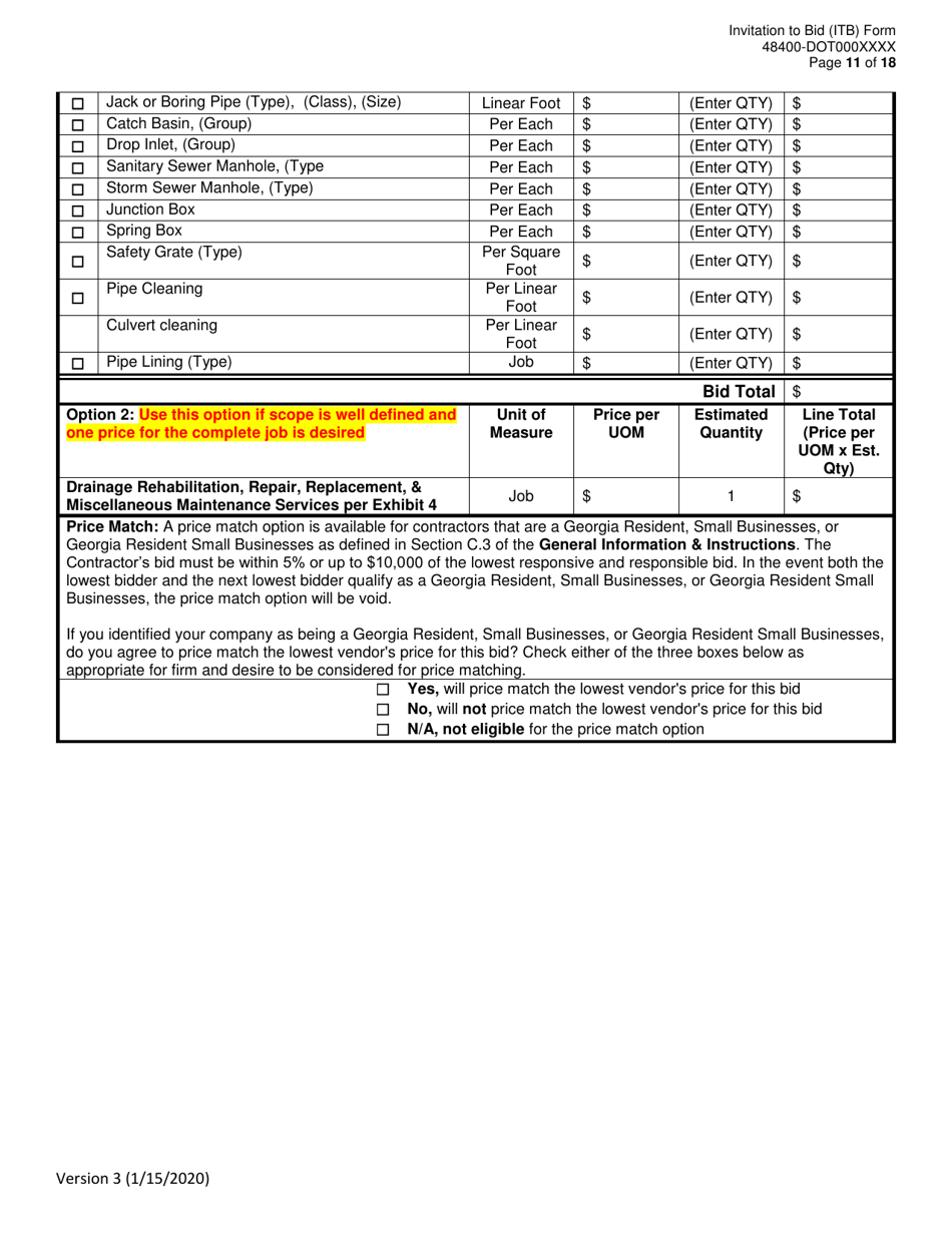 Invitation to Bid (Itb) Bid Form - Drainage Rehabilitation, Repair, Replacement,  Miscellaneous Maintenance Services - District - Georgia (United States), Page 11