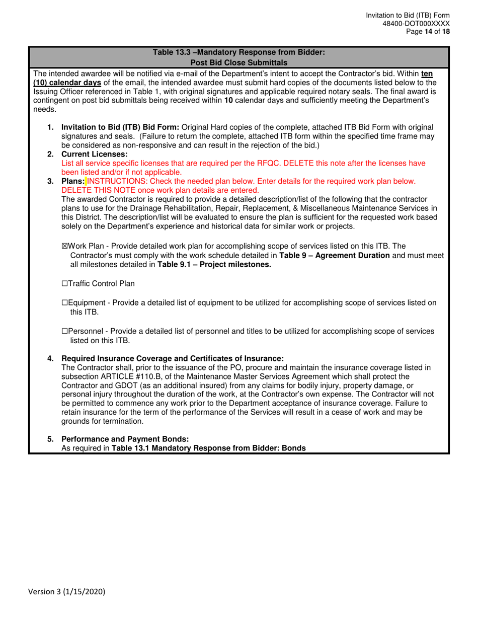 Invitation to Bid (Itb) Bid Form - Drainage Rehabilitation, Repair, Replacement,  Miscellaneous Maintenance Services - District - Georgia (United States), Page 14