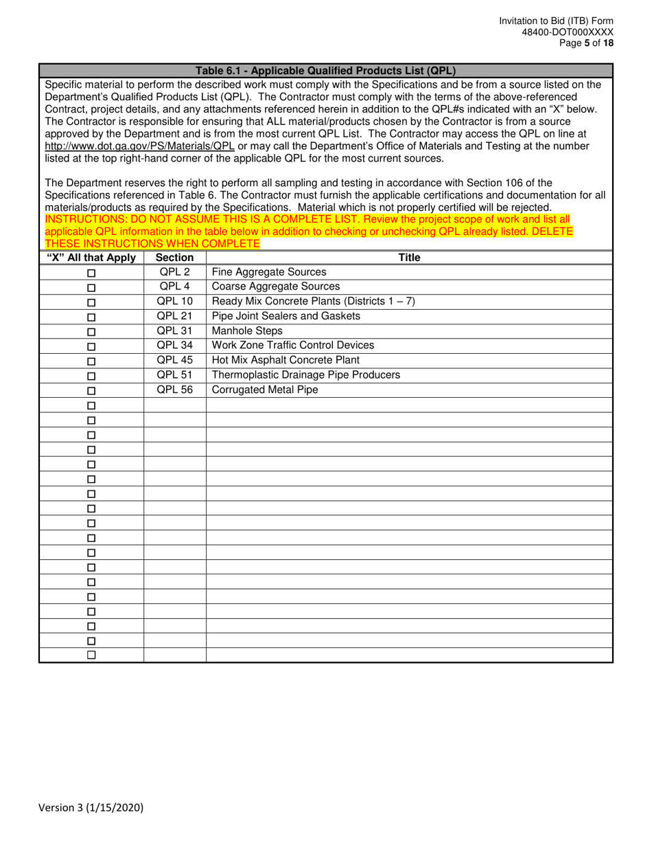 Invitation to Bid (Itb) Bid Form - Drainage Rehabilitation, Repair, Replacement,  Miscellaneous Maintenance Services - District - Georgia (United States), Page 5