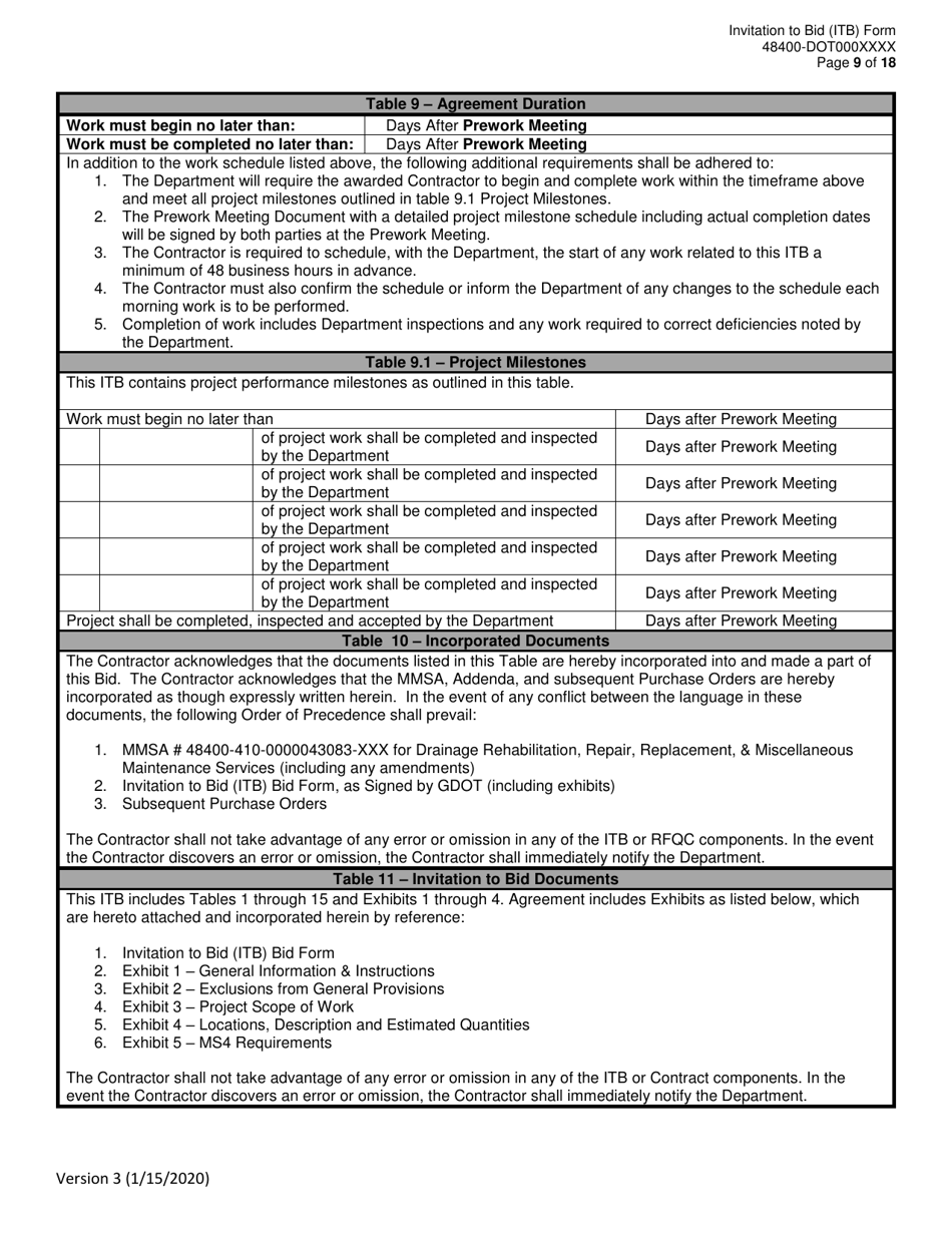 Invitation to Bid (Itb) Bid Form - Drainage Rehabilitation, Repair, Replacement,  Miscellaneous Maintenance Services - District - Georgia (United States), Page 9